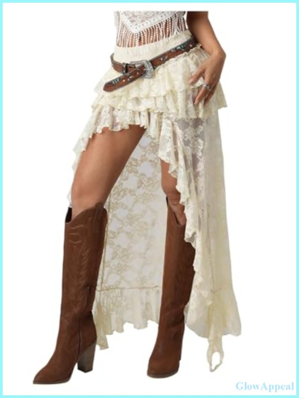 Women's Lace Boho Maxi Skirt Asymmetrical Cowgirl Skirt
